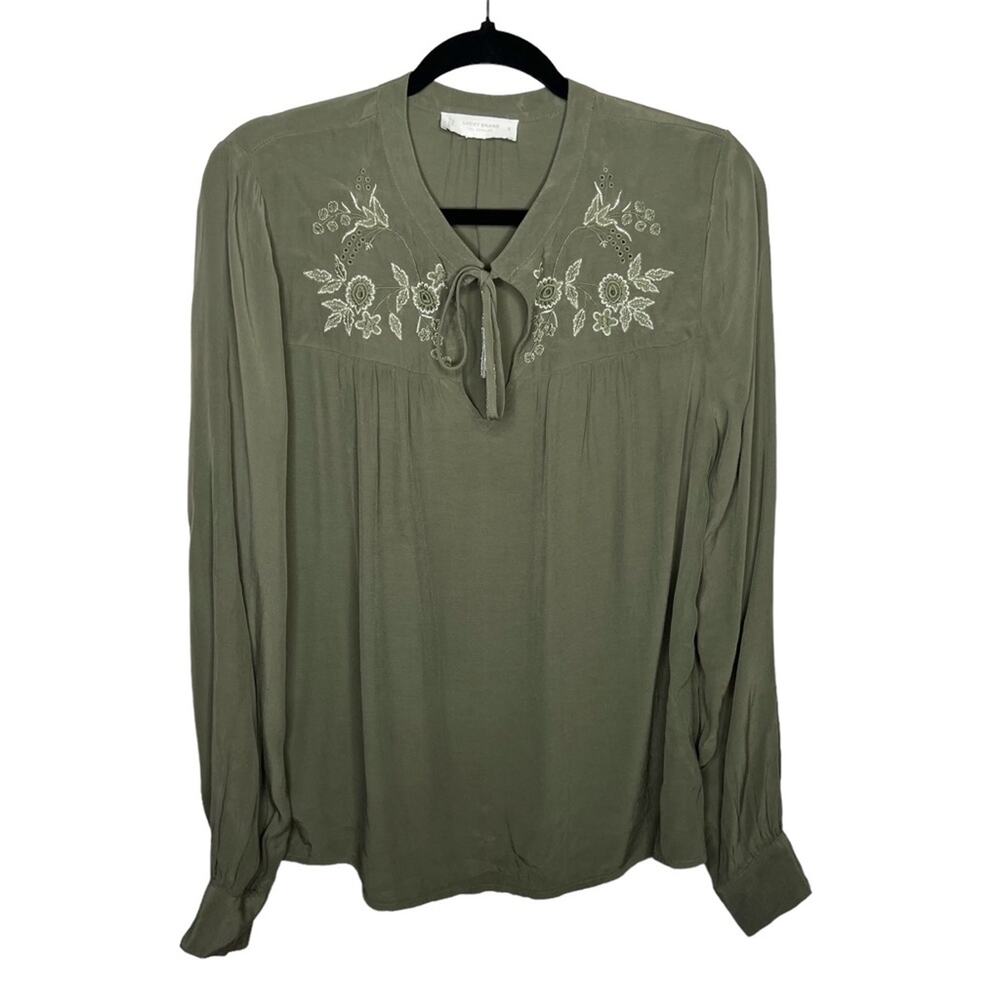 LUCKY BRAND / olive army green floral embroidered peasant popover blouse / S